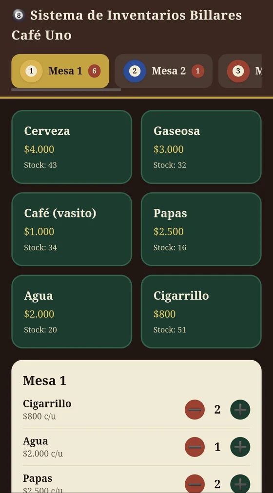 Sistema de inventario de Billares Café Uno con productos y cuenta por mesa