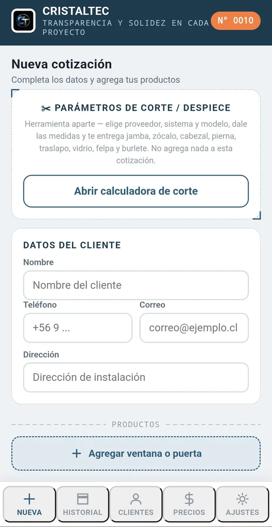 Pantalla de nueva cotización del cotizador Cristaltec