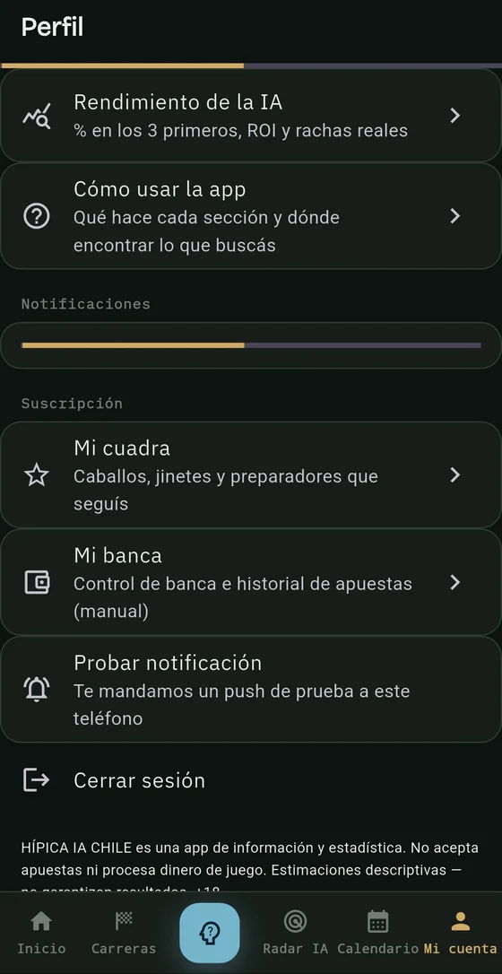 Pantalla de perfil de la app Hípica IA Chile