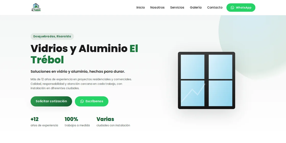 Portada del sitio web de Vidrios y Aluminio El Trébol